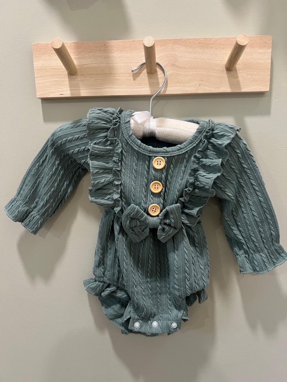 Ruffled Knit Baby Romper in Sage Green